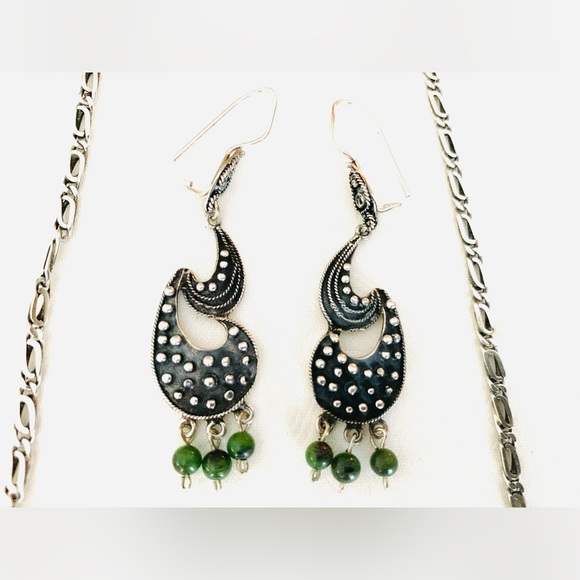 Real silver 3 Pc jewelry set choker necklace ear rings green semiprecious stones - Picture 6 of 13